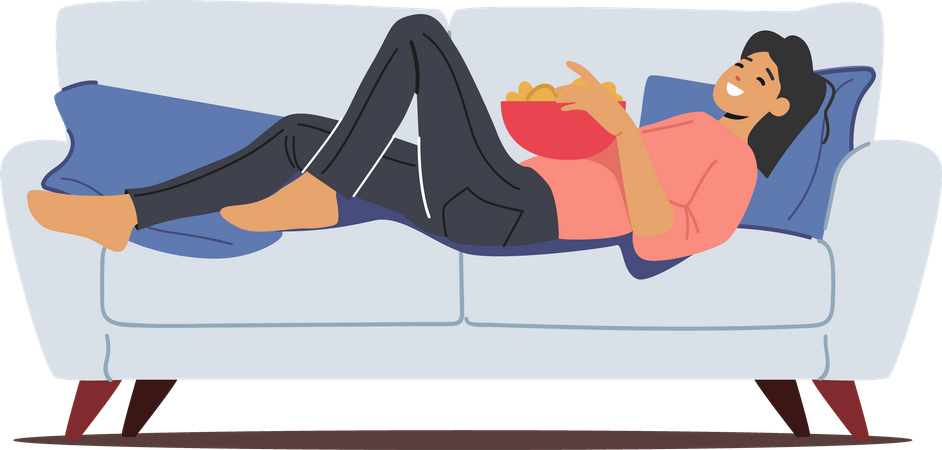 Mujer perezosa comiendo bocadillos mientras está acostada en el sofá  Ilustración