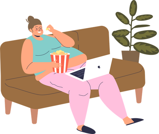 Mujer perezosa comiendo palomitas de maíz mientras ve una película  Ilustración