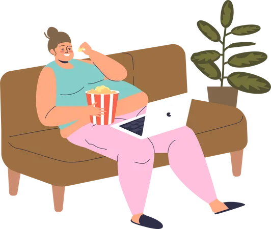 Mujer perezosa comiendo palomitas de maíz mientras ve una película  Ilustración