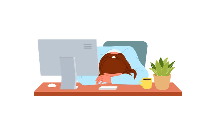 Mujer perezosa durmiendo en el escritorio  Ilustración