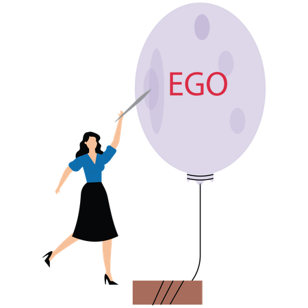 Mujer perforando un globo con la palabra ego escrita en él  Ilustración