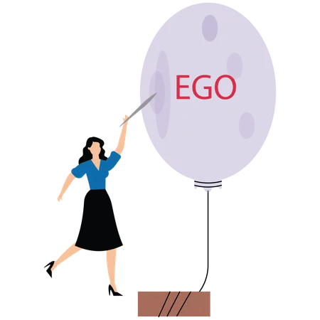 Mujer perforando un globo con la palabra ego escrita en él  Ilustración