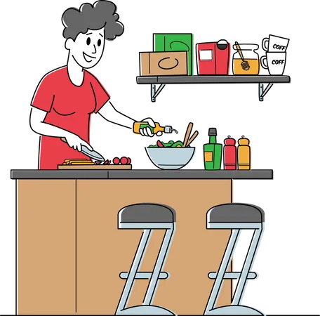 Mujer Cortando Verduras Cocinando Ensalada  Ilustración