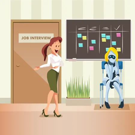Una mujer le pide a un robot femenino que se una a una entrevista de trabajo en la oficina  Ilustración