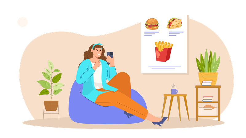 Mujer pidiendo comida rápida en una aplicación  Ilustración