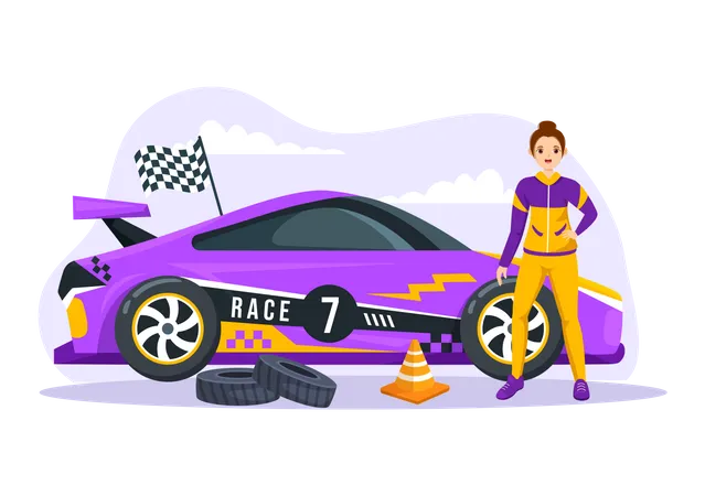 Conductor de coche de carreras de fórmula femenina  Ilustración