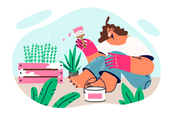 Mujer pintando muebles de jardín con plantas sentadas en el suelo y haciendo decoraciones para el patio trasero  Ilustración