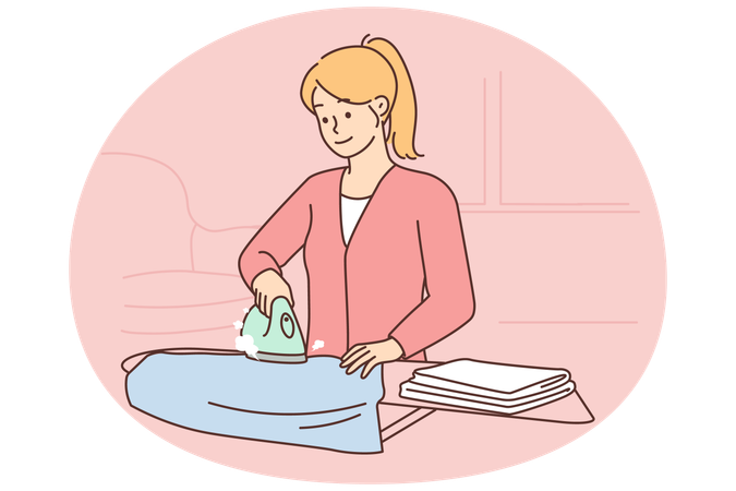 Mujer planchando ropa en una tabla de planchar  Ilustración