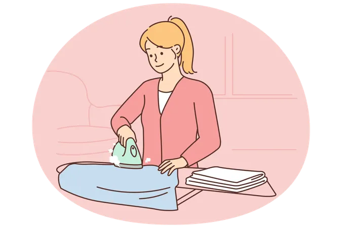 Mujer planchando ropa en una tabla de planchar  Ilustración