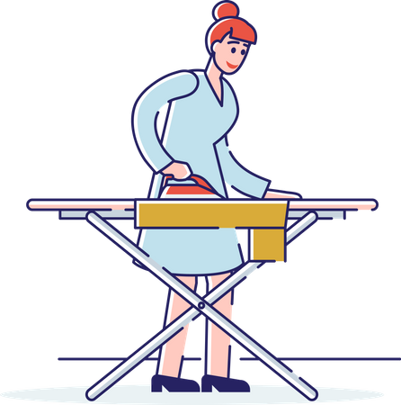 Mujer planchando ropa sobre tabla de planchar  Ilustración