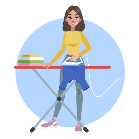 Mujer planchar ropa sobre tabla de planchar  Ilustración