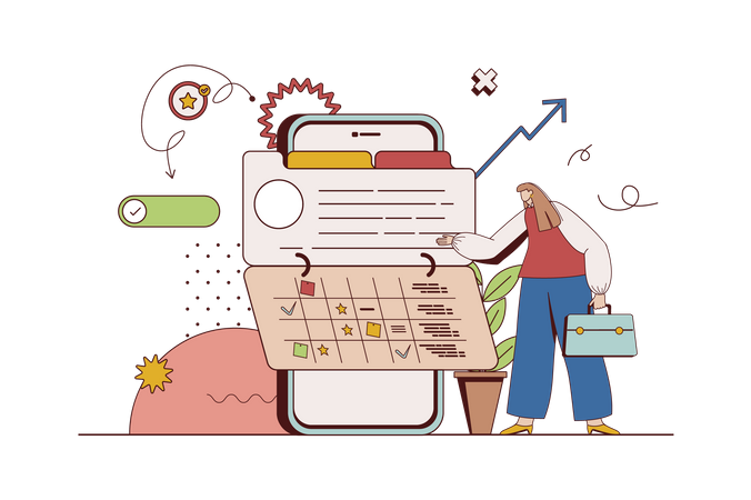 Mujer planificando tareas diarias y flujo de trabajo usando calendario y recordatorio en la aplicación  Ilustración