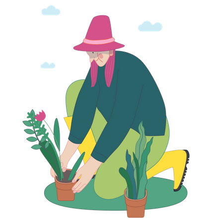 Mujer plantando una flor.  Ilustración