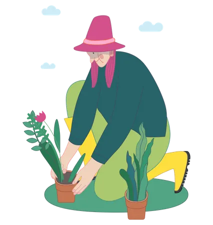 Mujer plantando una flor.  Ilustración