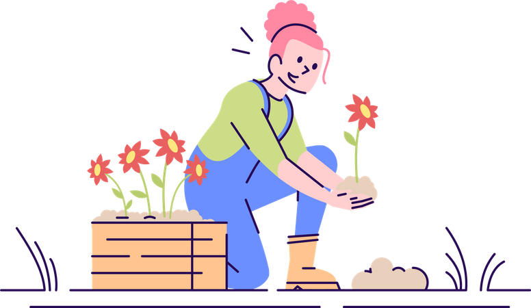 Mujer plantando flores  Ilustración