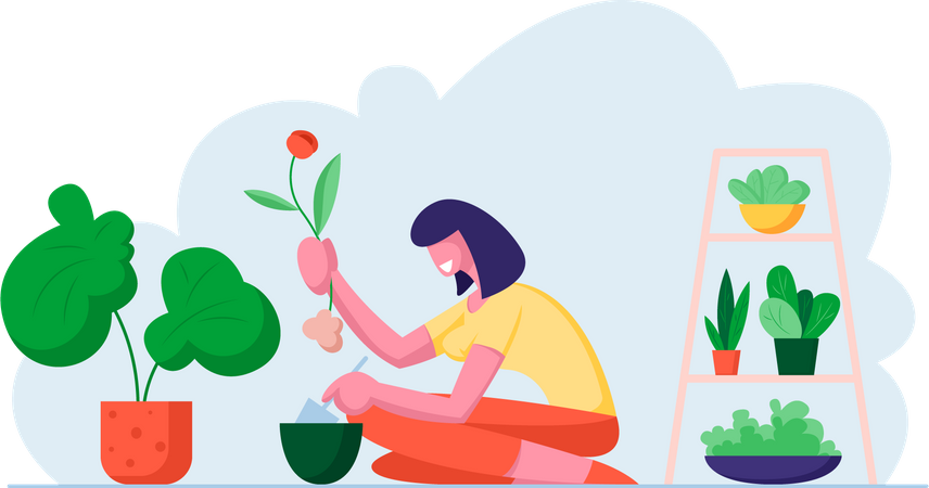 Mujer plantando flores en florero  Ilustración