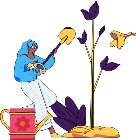 Mujer plantando planta mientras sostiene la pala  Ilustración