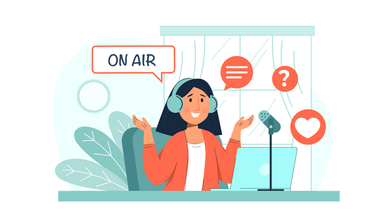 Mujer podcasting al aire  Ilustración