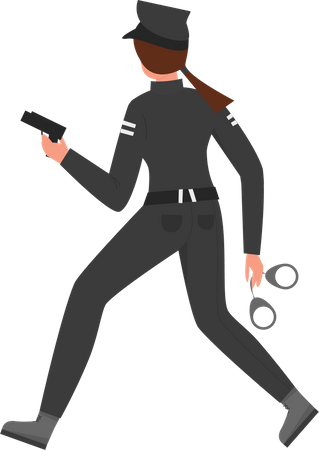 Mujer policía con pistola y esposas.  Ilustración