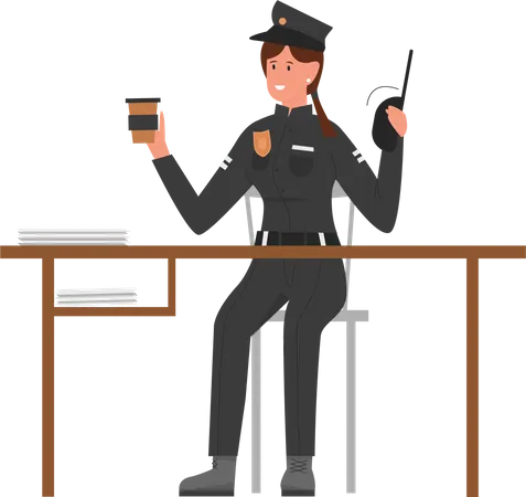 Mujer policía con taza de café y walkie talkie  Ilustración