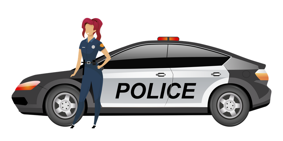 Mujer policía de pie junto al coche  Ilustración