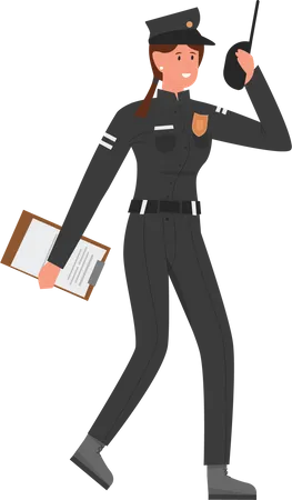 Mujer policía sosteniendo walkie talkie  Ilustración