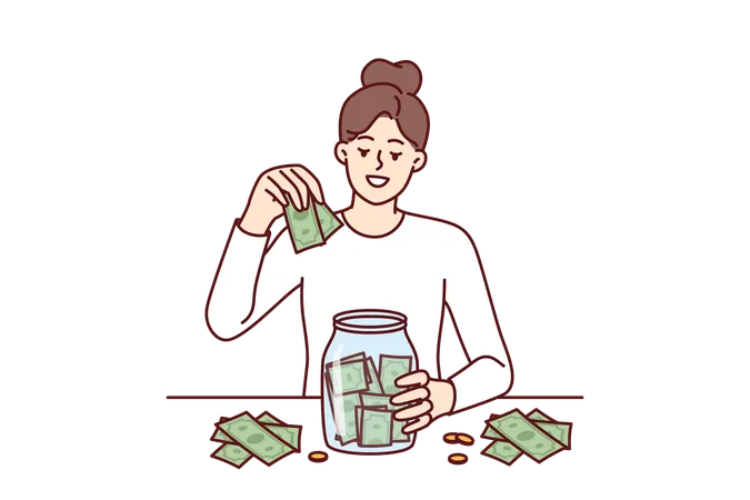 Mujer pone dinero en frasco  Ilustración