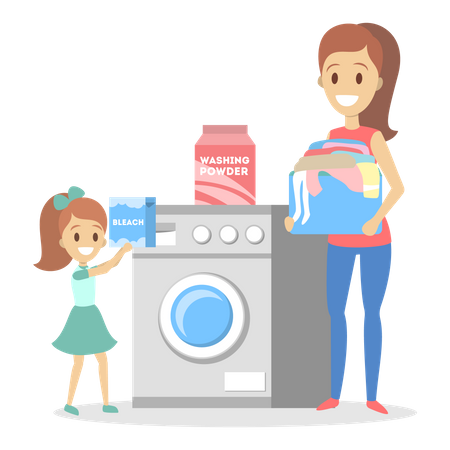 Mujer puso ropa sucia en una lavadora  Ilustración