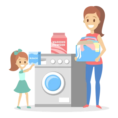 Mujer puso ropa sucia en una lavadora  Ilustración