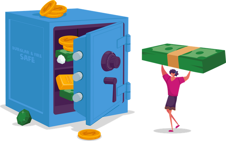Mujer poniendo ahorros en la bóveda de un banco  Ilustración