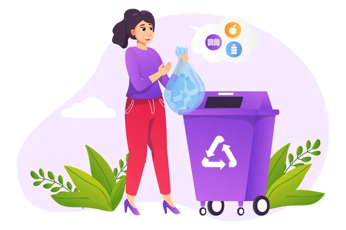 Mujer poniendo basura en la papelera de reciclaje  Ilustración
