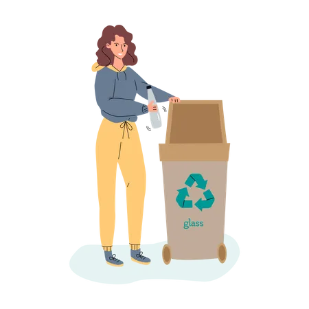 Mujer poniendo una botella de plástico en un contenedor de basura  Ilustración