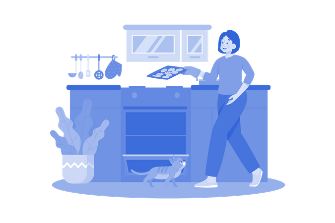 Mujer poniendo masa para galletas en el microondas para hornearla  Ilustración