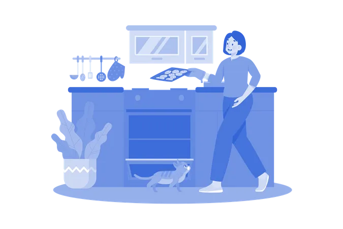 Mujer poniendo masa para galletas en el microondas para hornearla  Ilustración