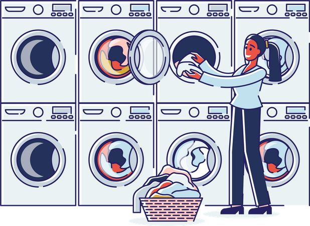 Mujer poniendo ropa sucia en la lavadora  Ilustración