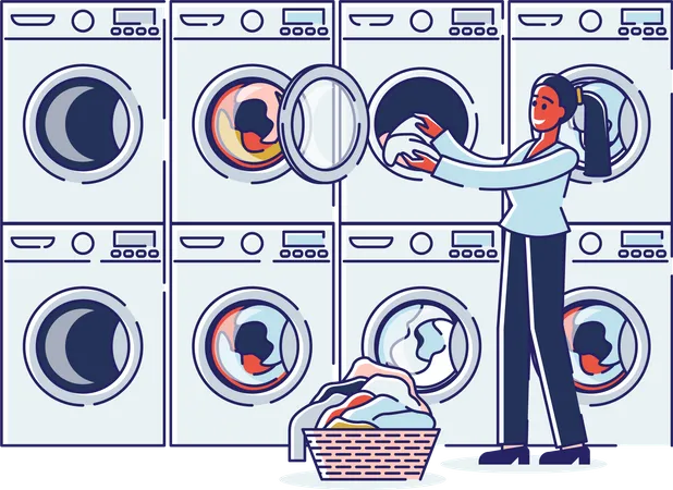 Mujer poniendo ropa sucia en la lavadora  Ilustración
