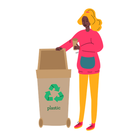 Mujer poniendo un vaso de plástico en la papelera de reciclaje  Ilustración