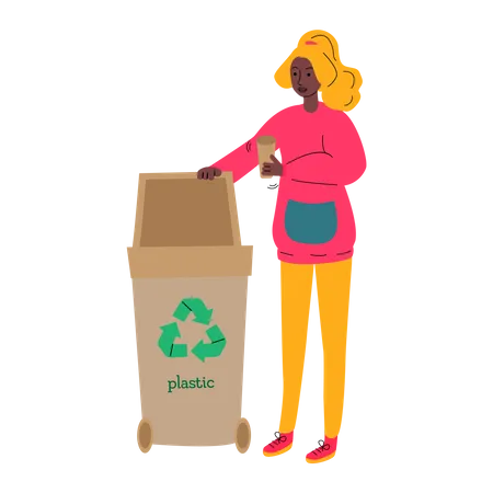 Mujer poniendo un vaso de plástico en la papelera de reciclaje  Ilustración