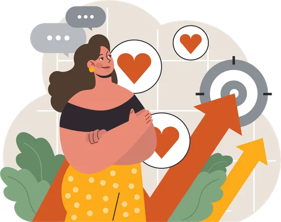 Mujer positiva que expresa amor propio y cuidado.  Ilustración