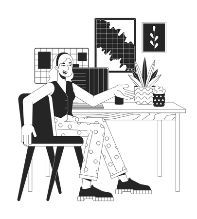 Mujer positiva hablando en el lugar de trabajo de oficina  Ilustración