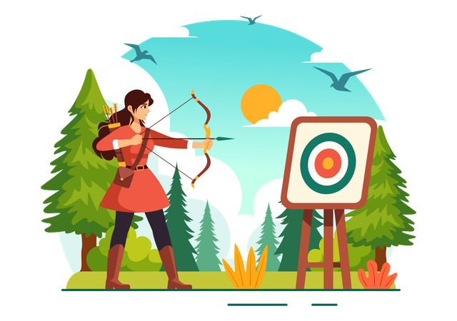 Mujer practica deporte de tiro con arco  Ilustración