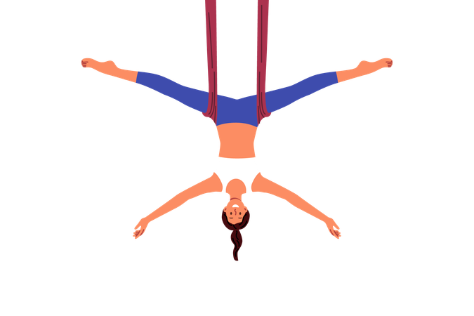 Mujer practica yoga aéreo haciendo ejercicios de estiramiento en suspensión para mejorar la flexibilidad corporal  Ilustración
