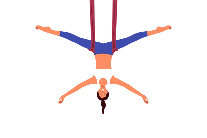Mujer practica yoga aéreo haciendo ejercicios de estiramiento en suspensión para mejorar la flexibilidad corporal  Ilustración