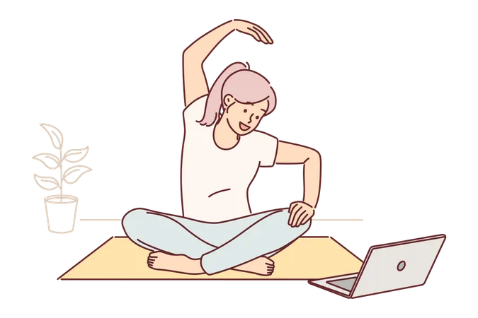 Mujer practicando yoga del tutorial en línea  Ilustración