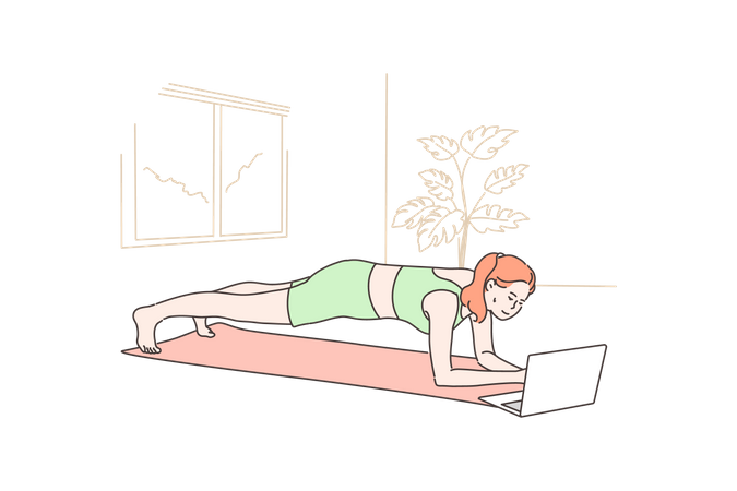 Mujer practicando yoga del tutorial en línea  Ilustración