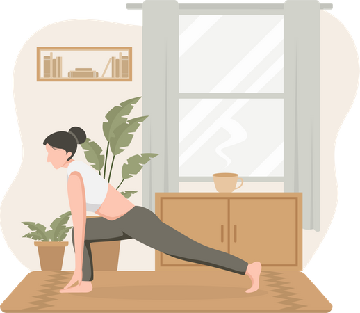 Mujer practicando yoga en casa  Ilustración