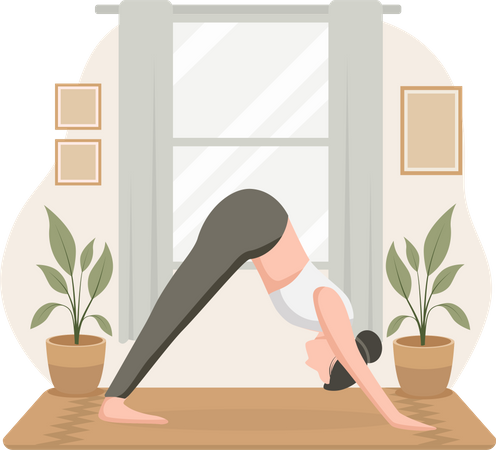 Mujer practicando yoga en casa  Ilustración