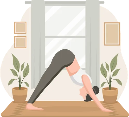 Mujer practicando yoga en casa  Ilustración