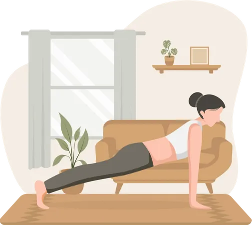 Mujer practicando yoga en casa  Ilustración