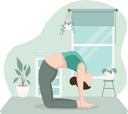 Mujer practicando yoga en casa  Ilustración